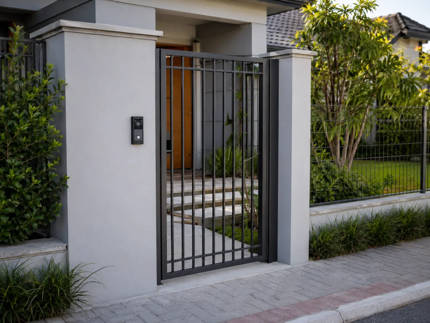 Videoporteiro instalado ao lado de portão residencial